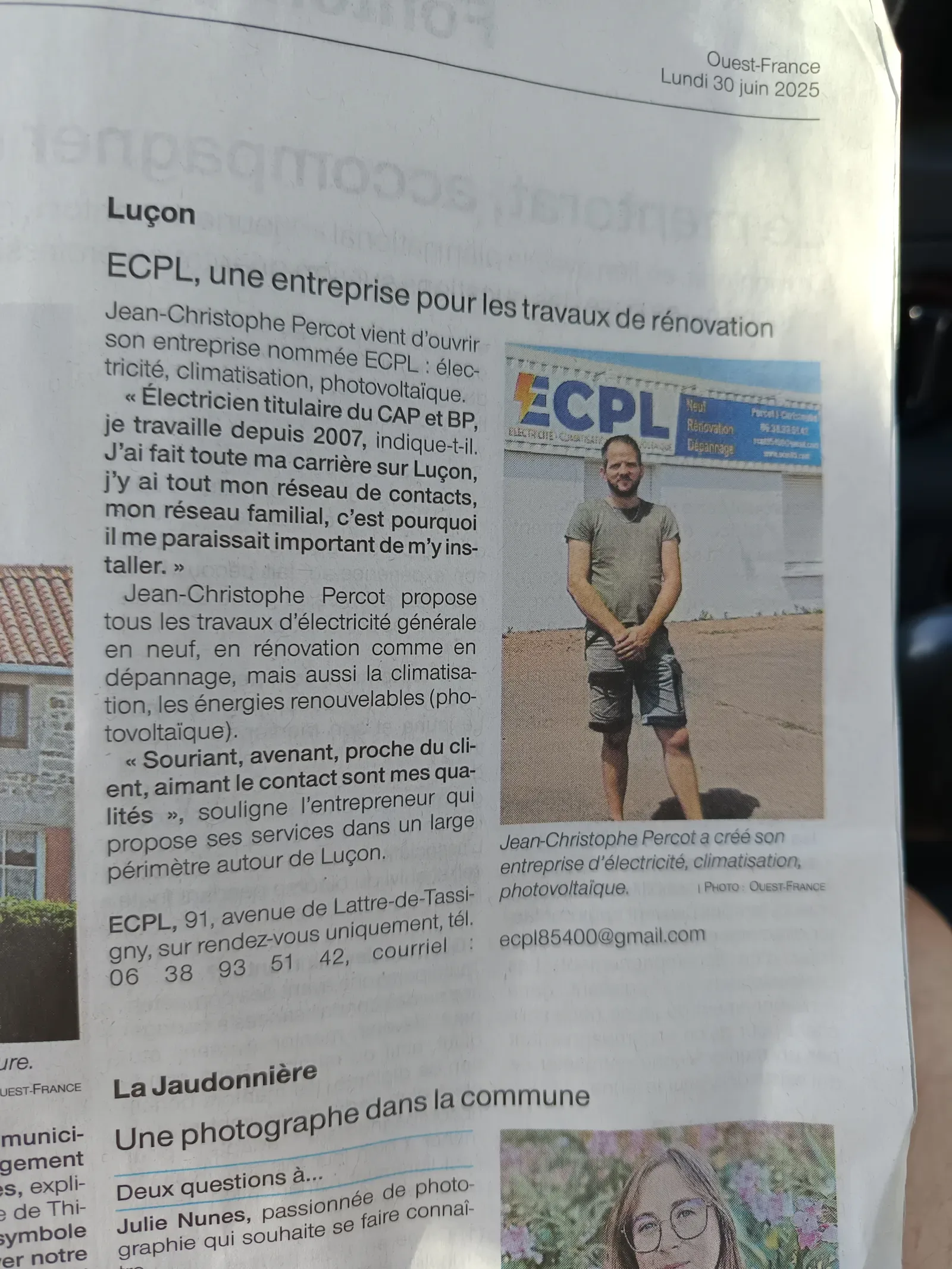 Portrait de Jean-Christophe Percot, fondateur d'ECPL, paru dans Ouest-France